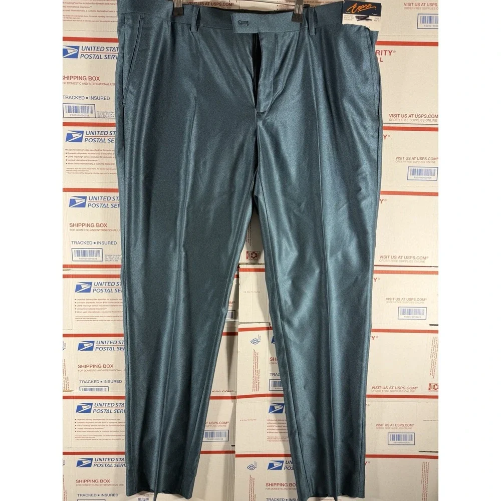 Brand New Egara Men's Sz 32X30 Shiny Turquoise Skinny Fit Stretch Trousers Pants